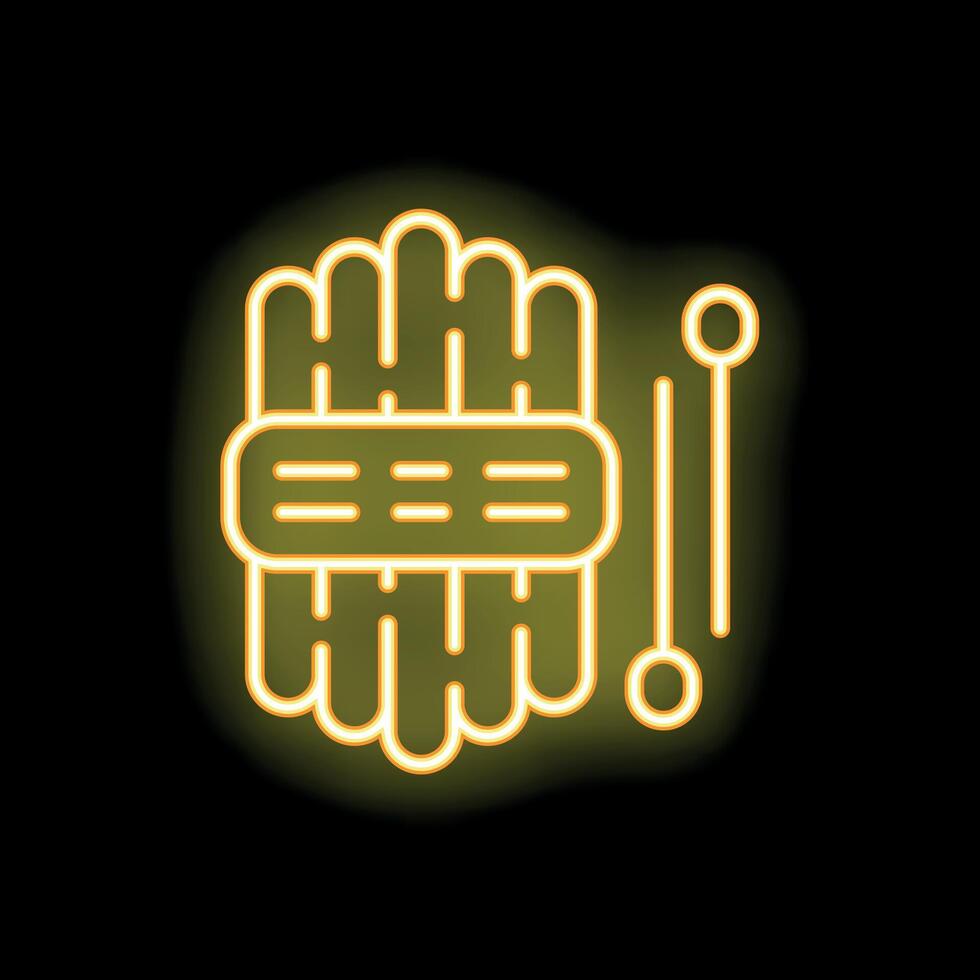 Yellow neon icon of a vimbai, traditional african instrument, playing music with sticks vector