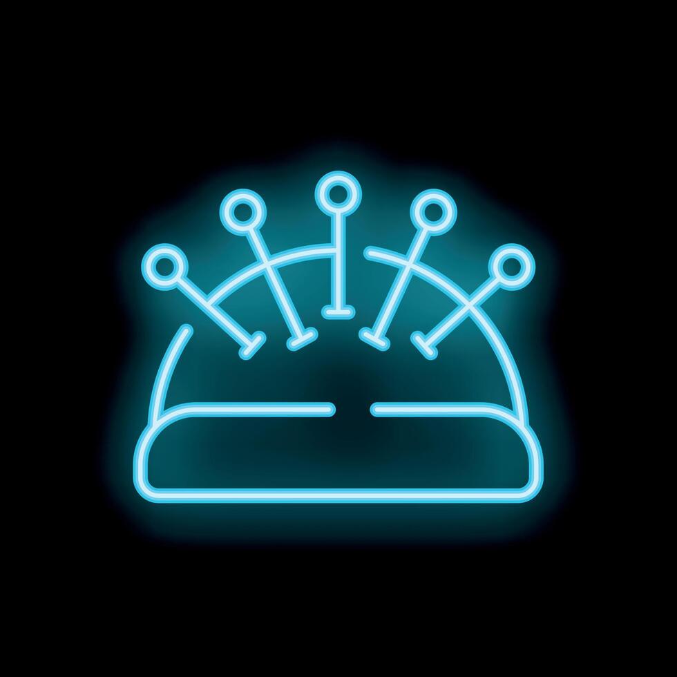 Blue neon pincushion with pins sticking out on black background vector