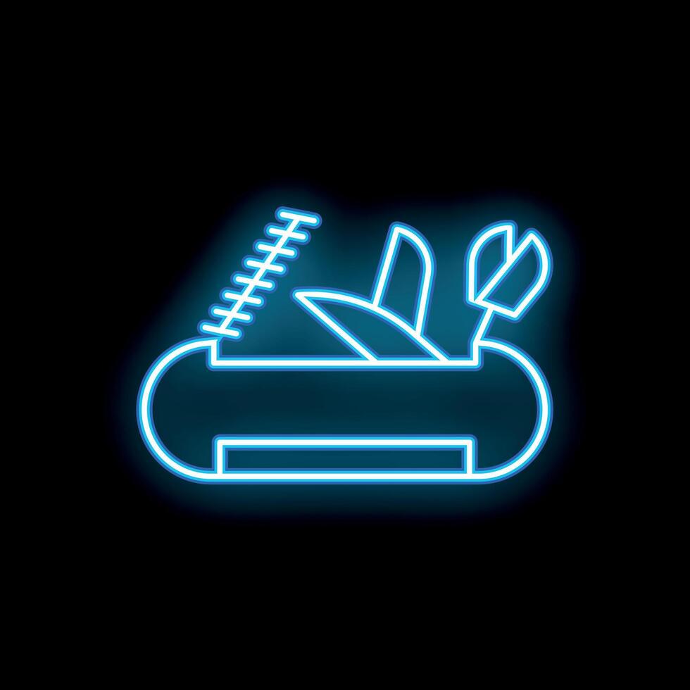 Blue neon sign of a multi tool knife glowing on black background vector