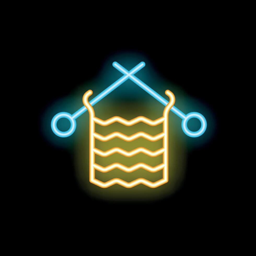 Neon icon of knitting needles crafting a scarf with yarn vector