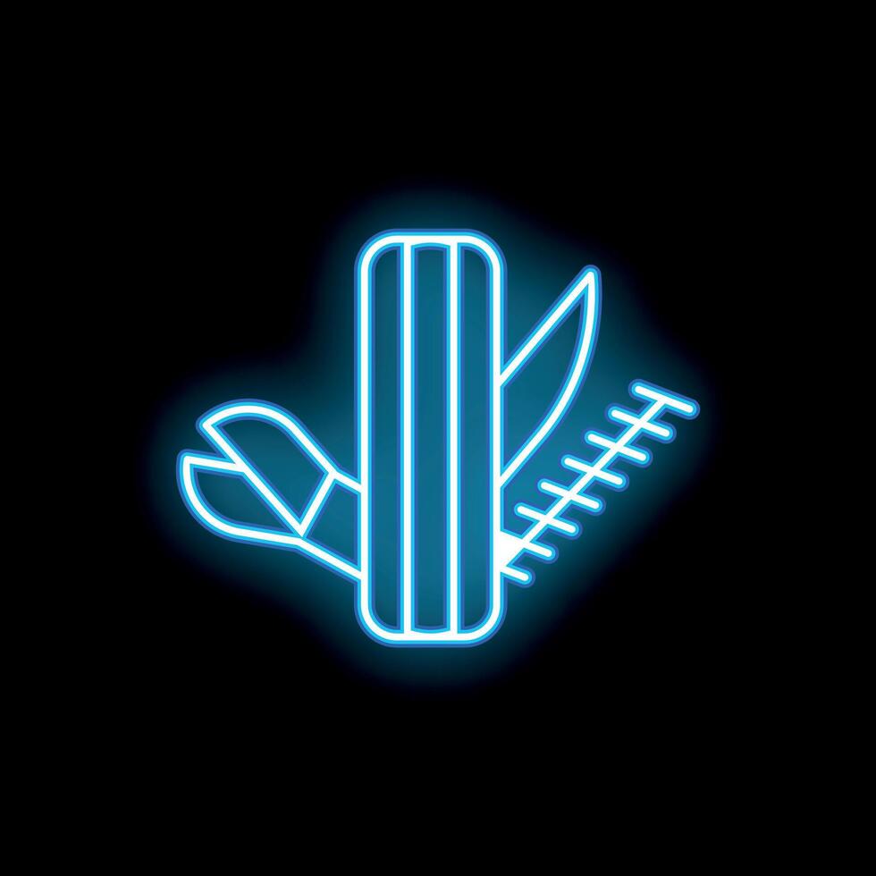Blue neon multitool knife with pliers and saw on black background vector