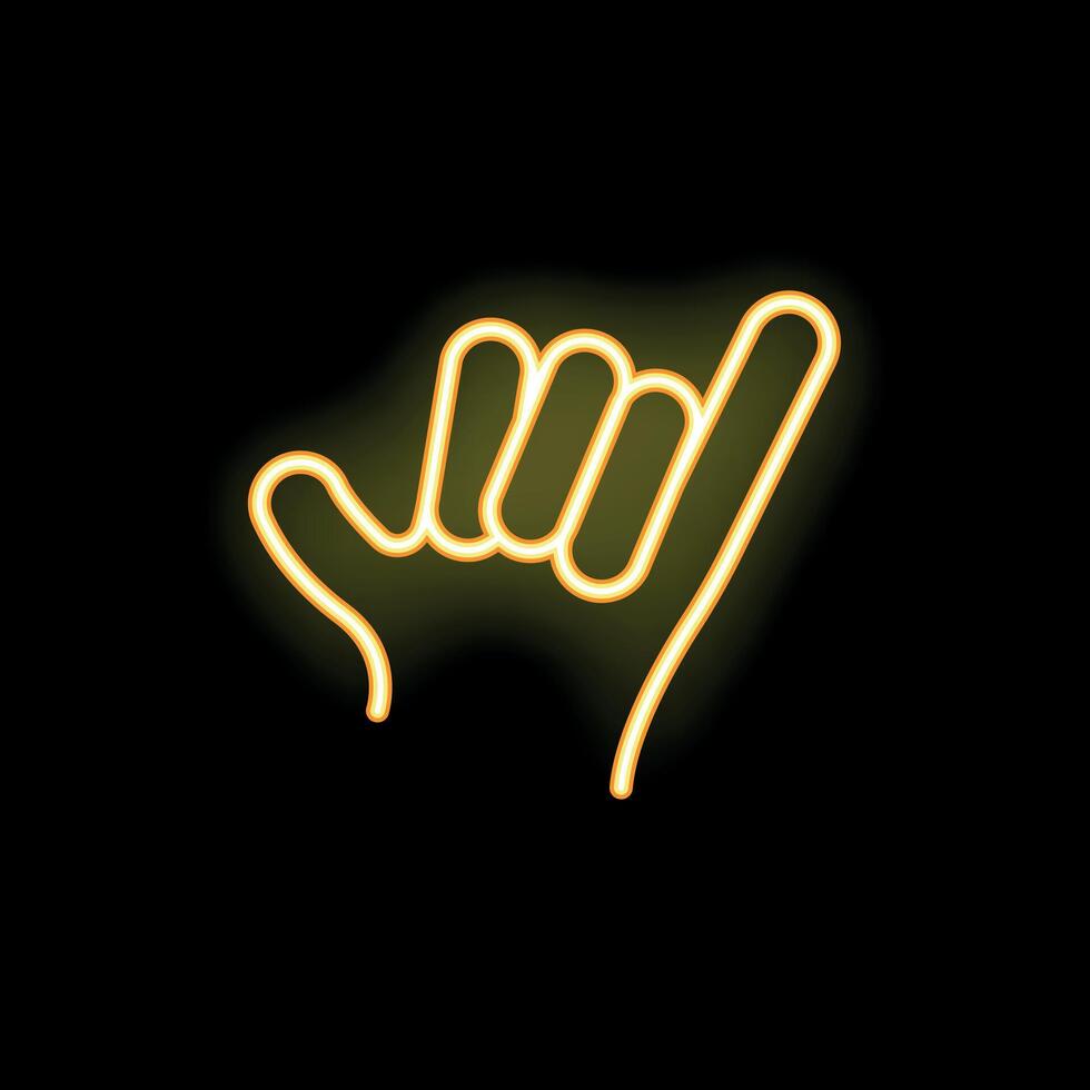 Neon yellow shaka hand gesture on black background vector