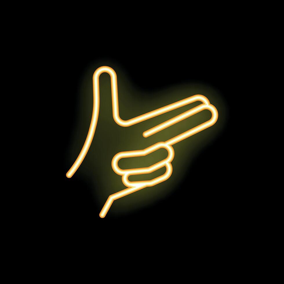 Neon yellow hand making gun sign on black background vector