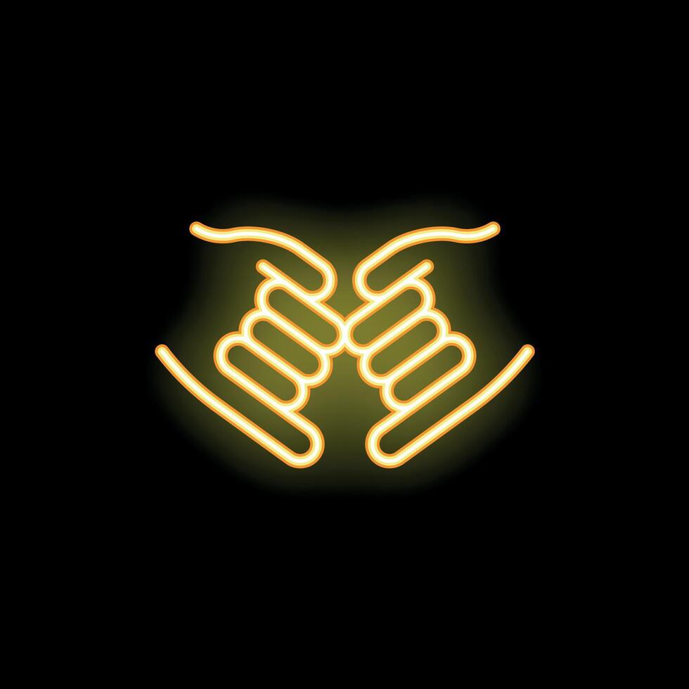 Two hands holding each other making a deal in neon light style vector