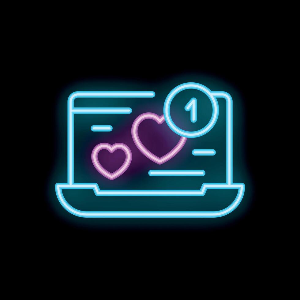 Neon laptop displaying online dating profile with notification icon vector