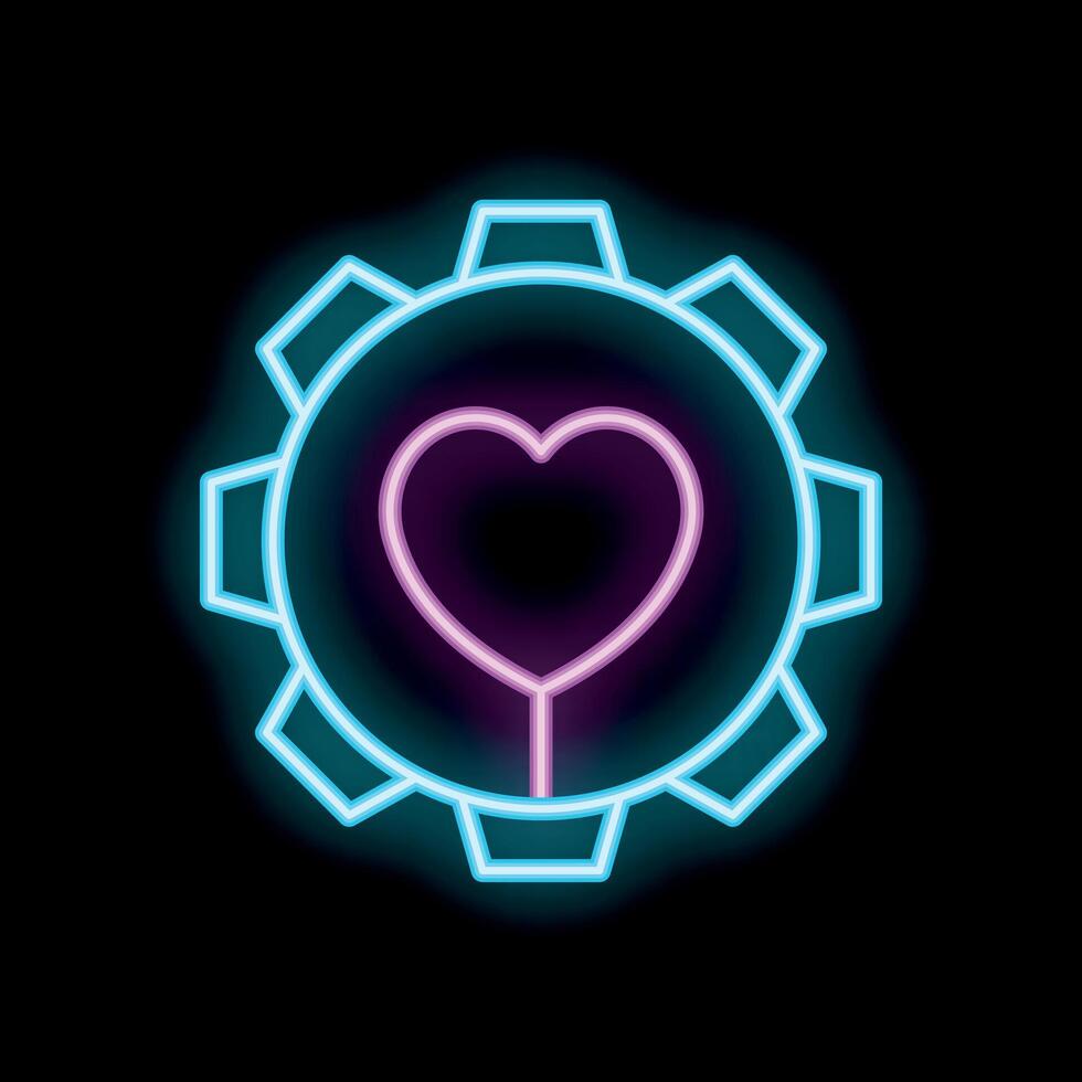 Neon sign is glowing in the dark, showing a gear wheel with a heart shape inside vector