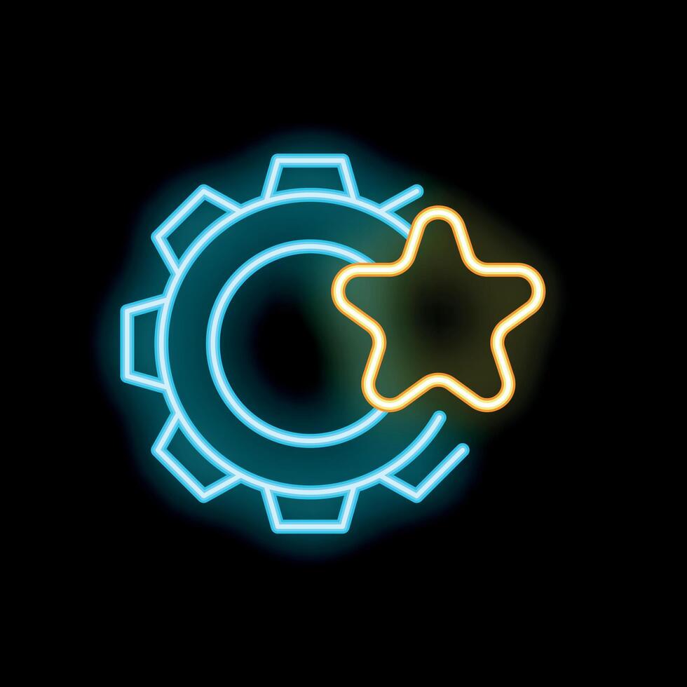 Neon glowing star over gear icon representing quality work and customer review vector