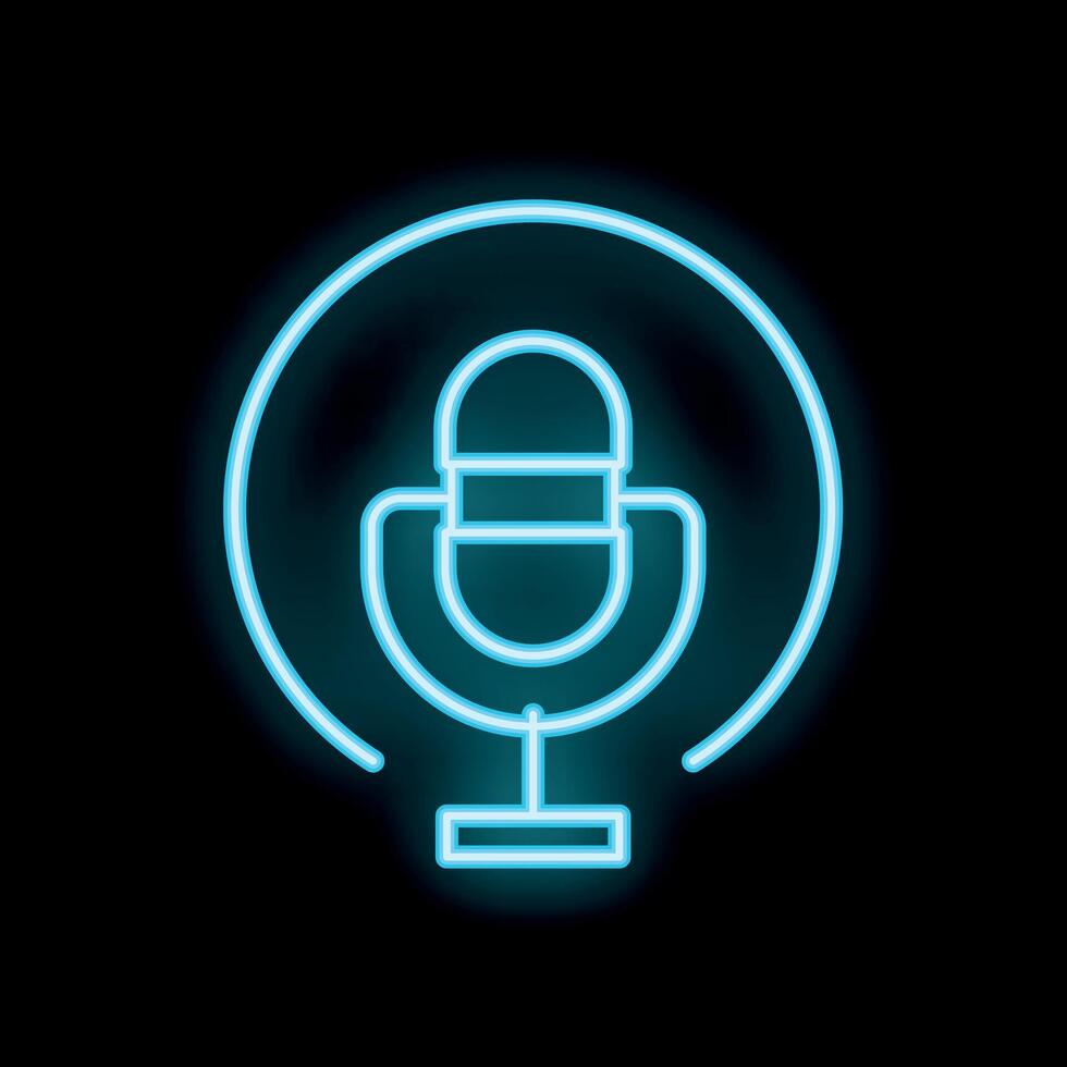 Blue neon microphone icon glowing on black background vector