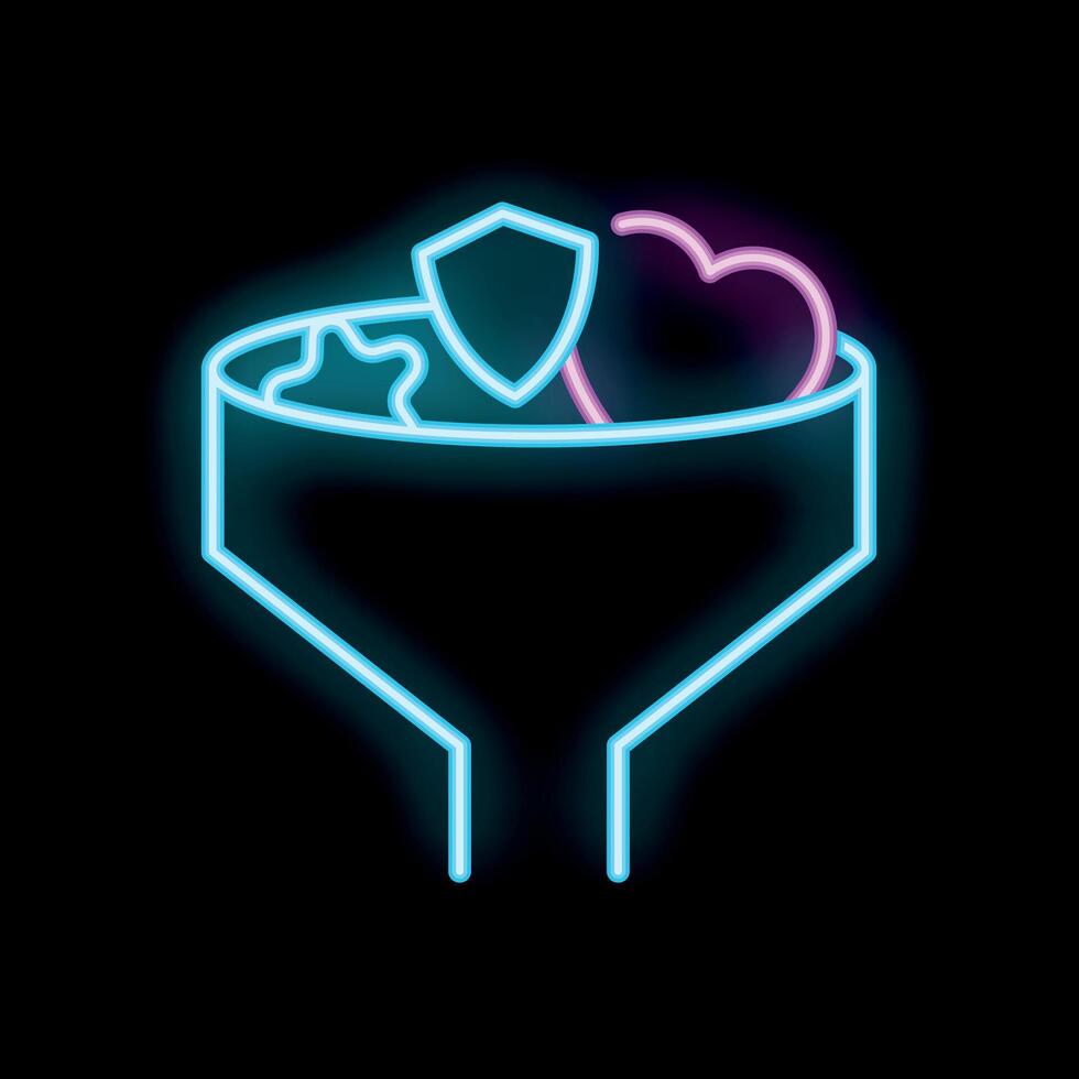 Neon funnel filtering heart, star, and shield icons representing lead conversion vector