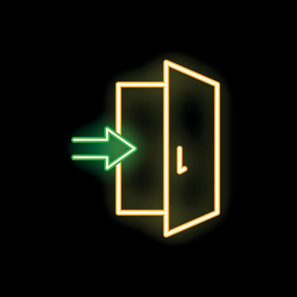 Glowing neon open door with arrow sign on black background vector