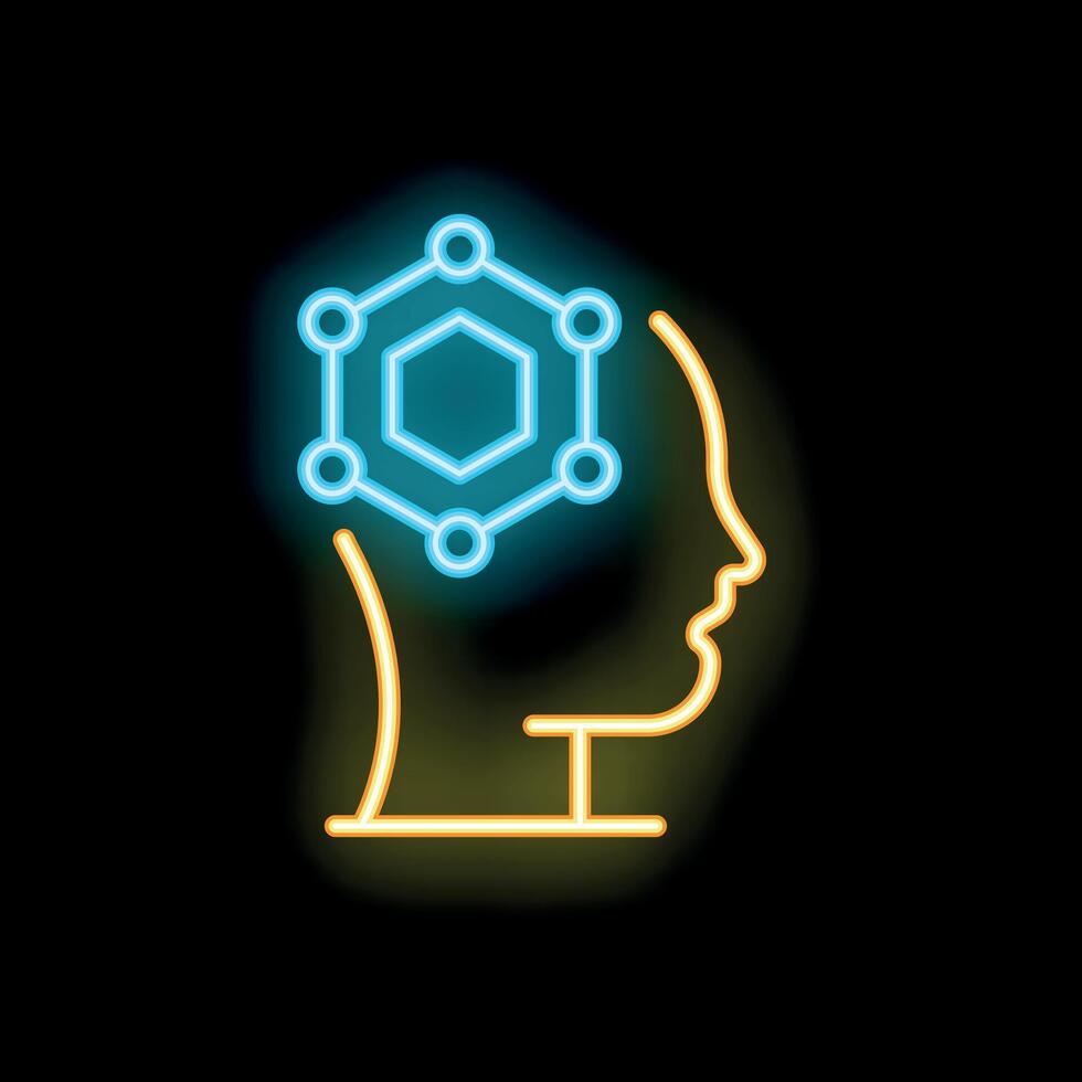 Neon icon of human head with connected dots representing thinking process vector