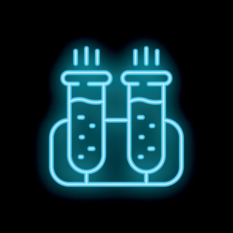 Neon icon of two test tubes in a lab setting bubbling with chemical reaction vector