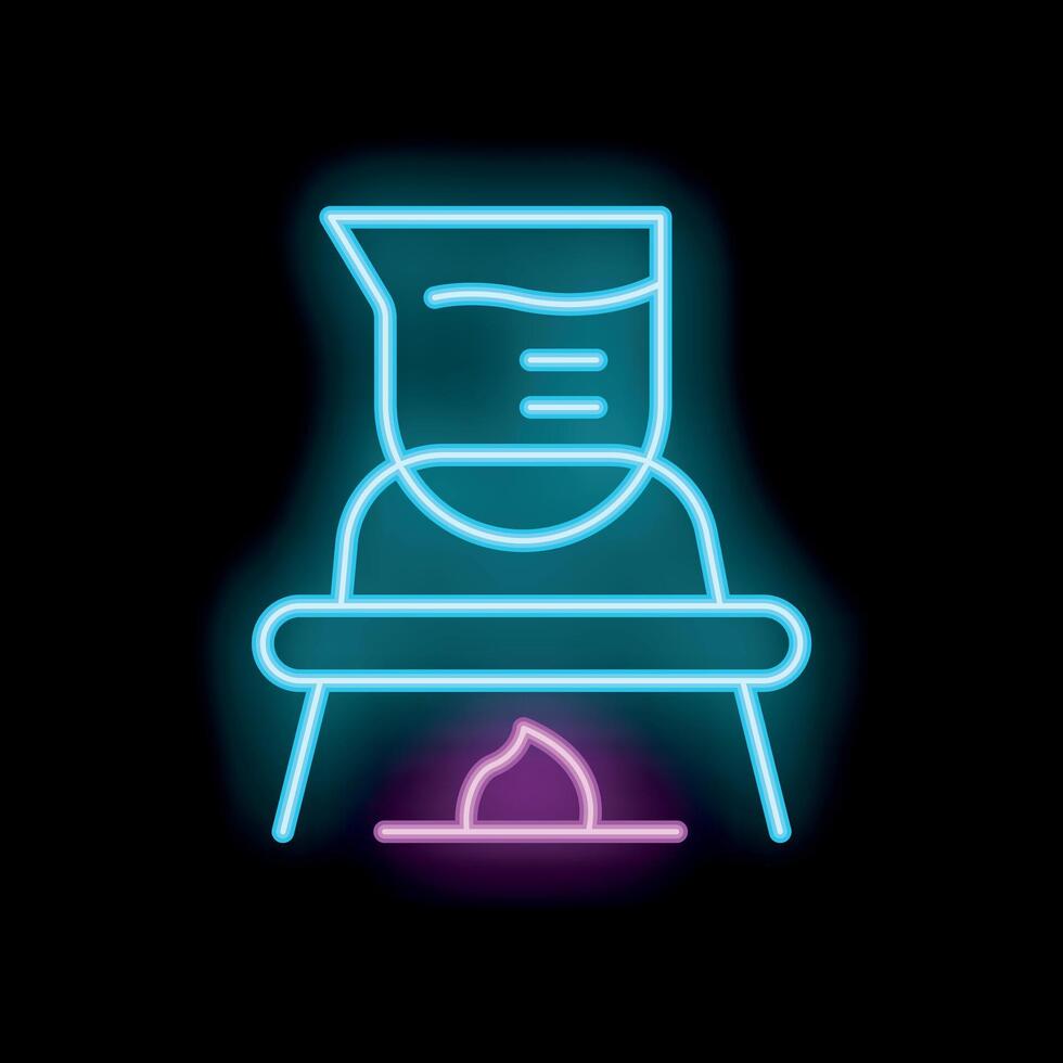Neon icon of chemical flask heating on bunsen burner with flame for science experiment vector