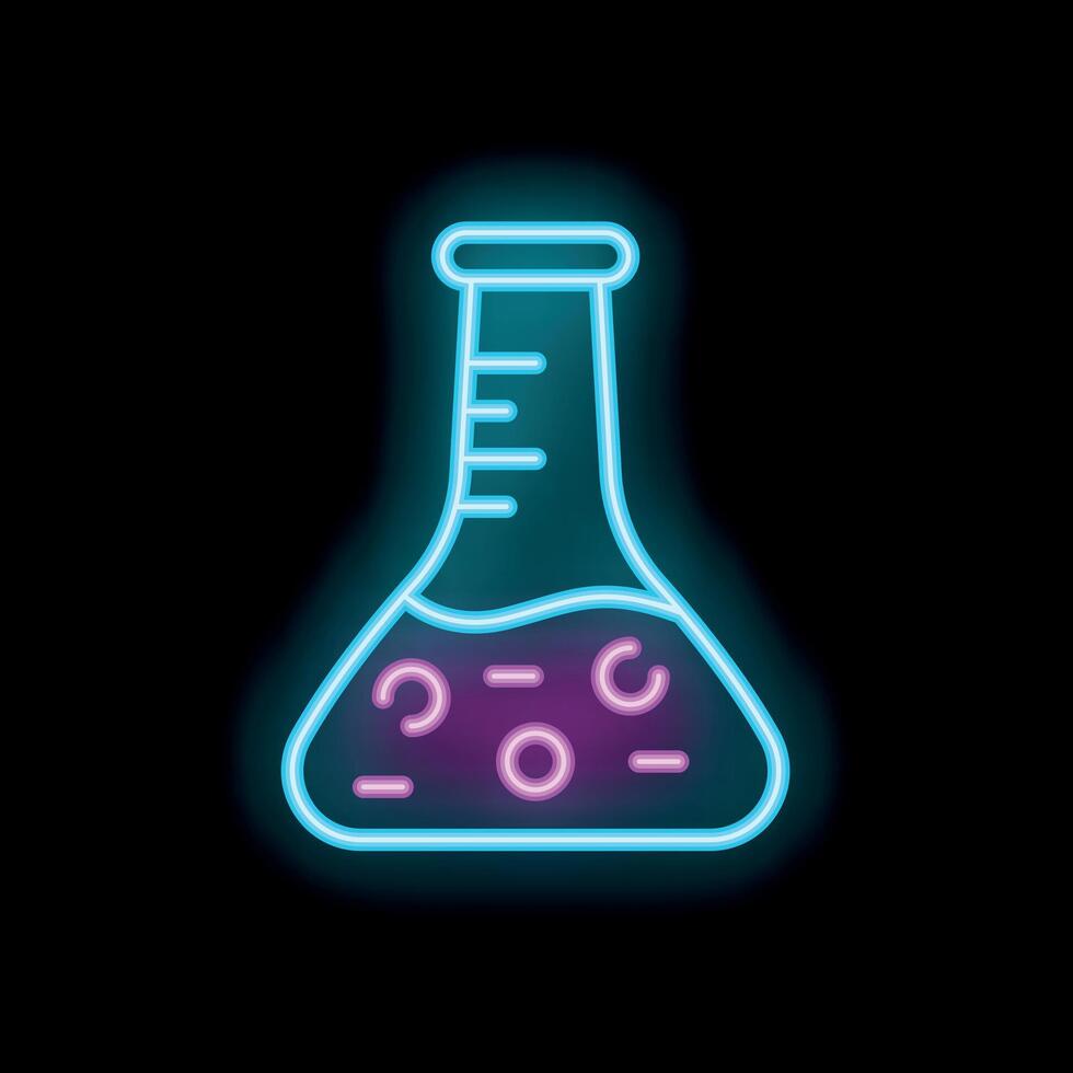 Neon icon of erlenmeyer flask with bubbling chemical substance vector