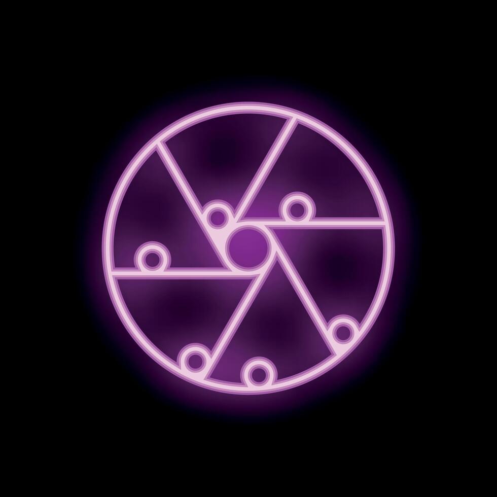 Neon pink camera shutter glowing on black background vector
