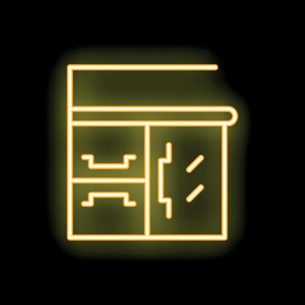 Neon yellow office desk with open drawers glowing on black background vector