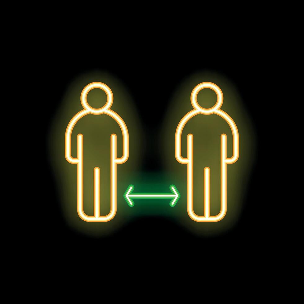 Neon icon of two people keeping distance with arrows vector