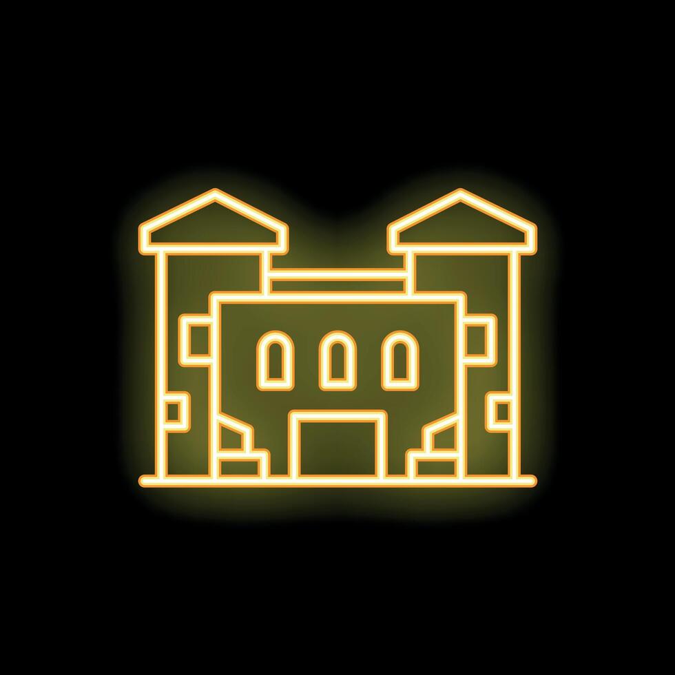 Glowing yellow neon icon of a castle on black background vector