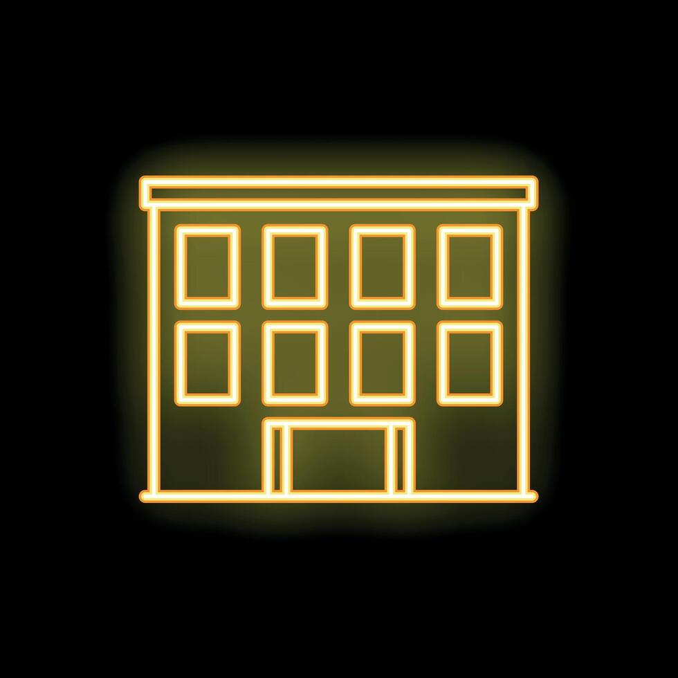 Glowing neon sign depicting an office building on a black background vector