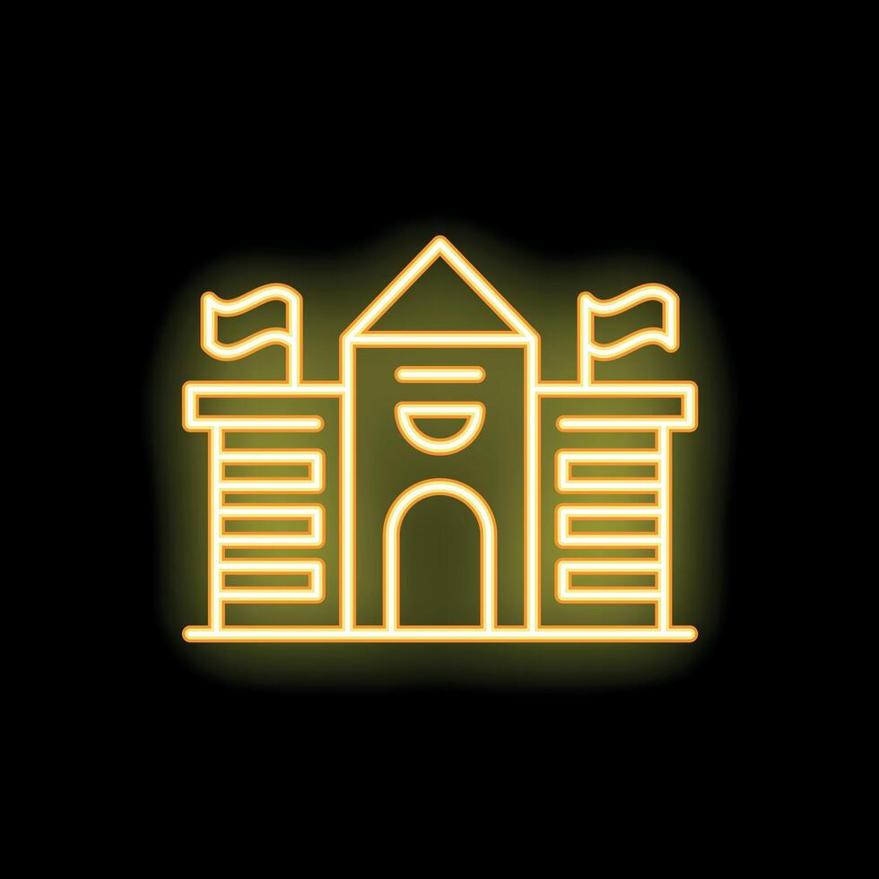 Neon yellow university campus building with flags waving icon vector