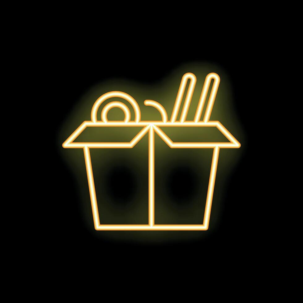 Bright yellow neon sign of chinese noodles in a box on a black background vector