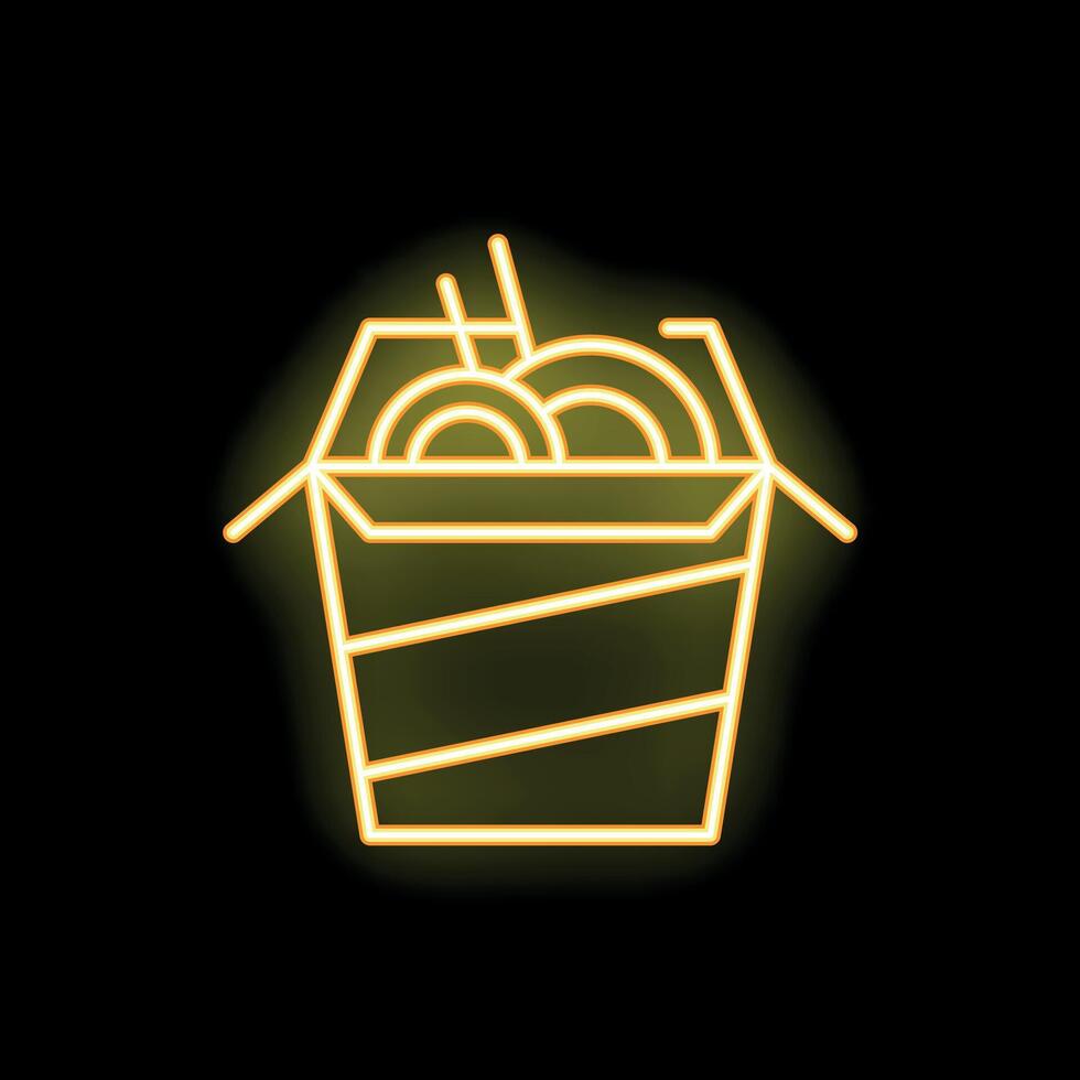 Neon sign showing wok with noodles for asian food restaurant logo vector