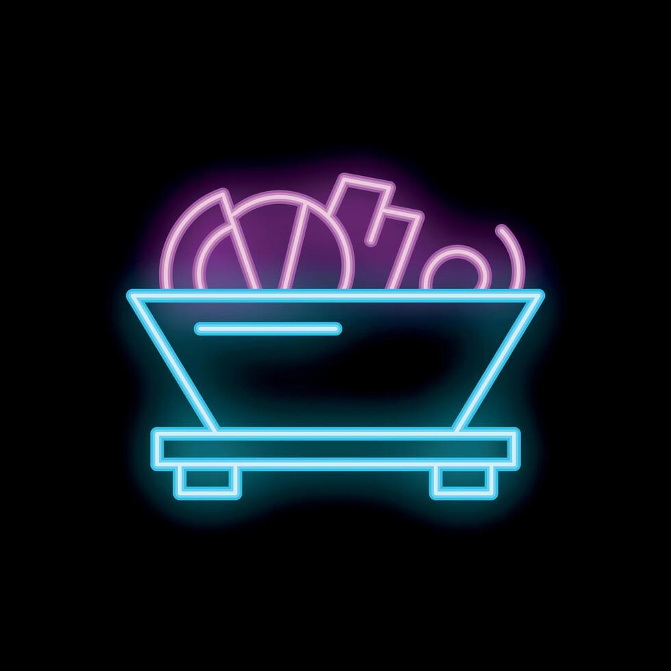 Neon sign representing mining cart carrying coal for the industry on black background vector