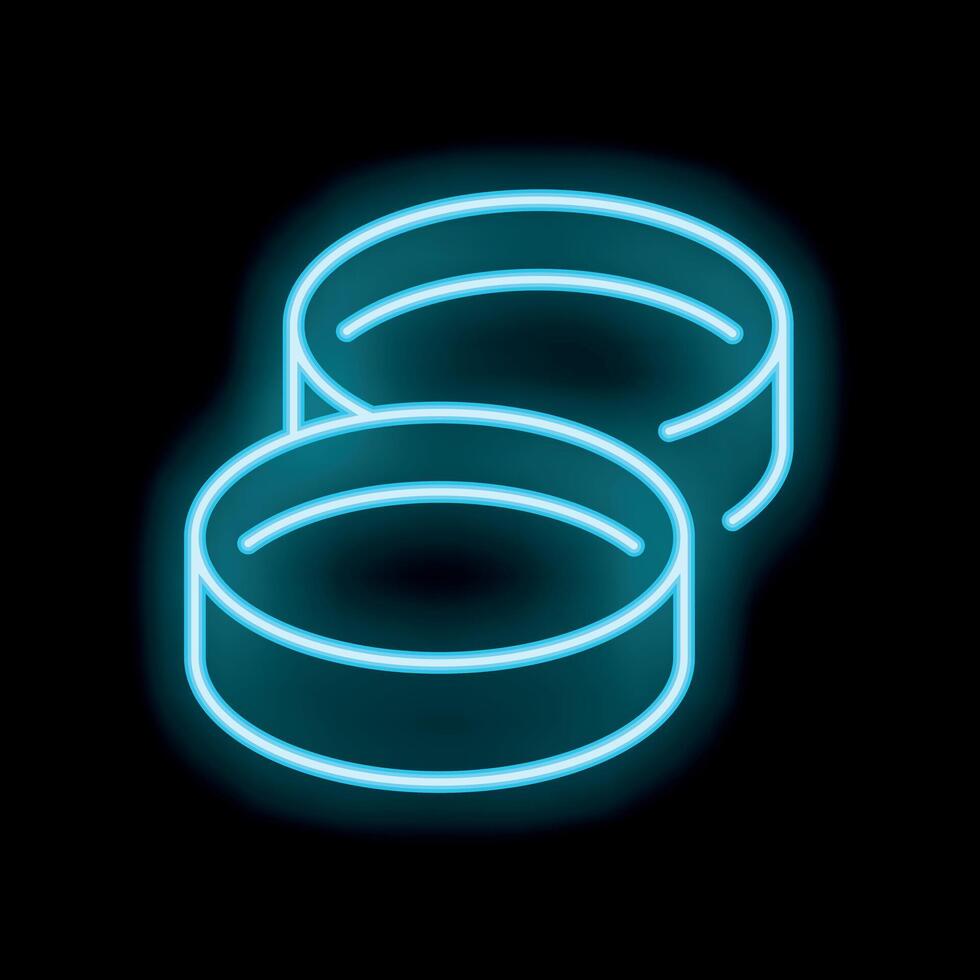 Neon sign of two hockey pucks glowing on black background vector
