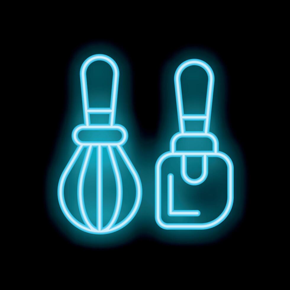 Neon light glowing whisk and spatula for baking on black background vector