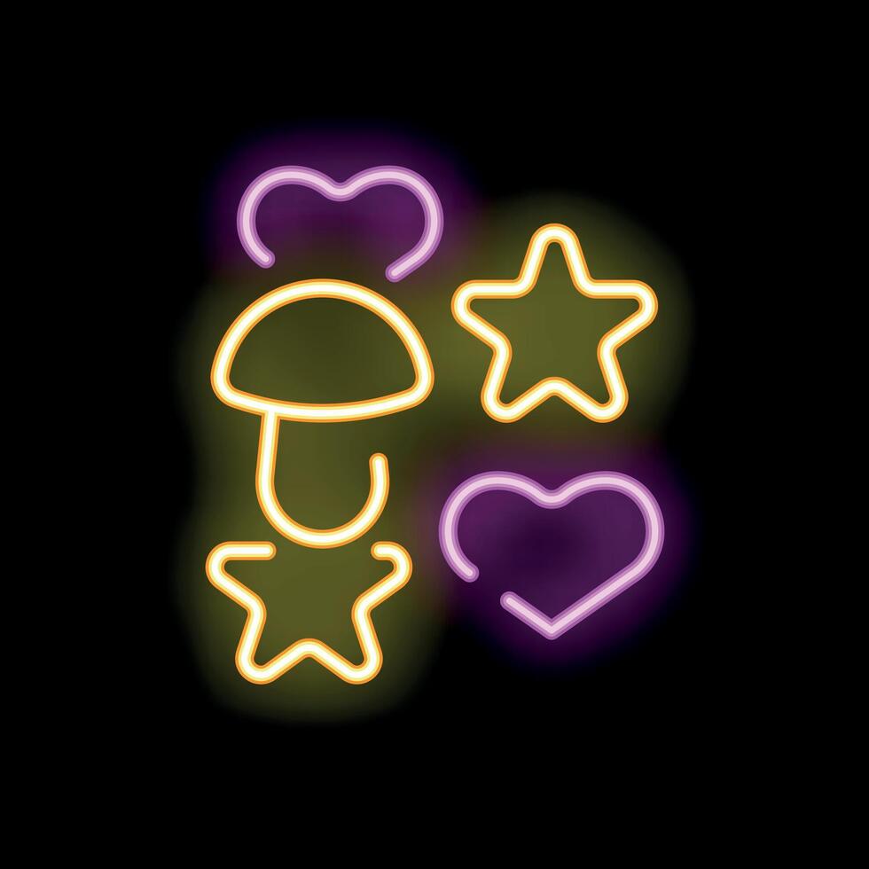 Neon mushroom with hearts and stars on a black background vector