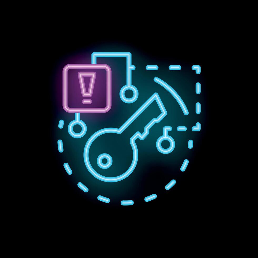 Neon cyber security system showing exclamation point warning sign in key shape padlock vector
