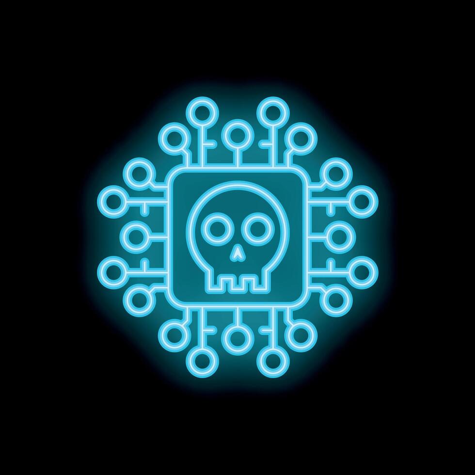 Neon skull glowing inside microchip on black background vector