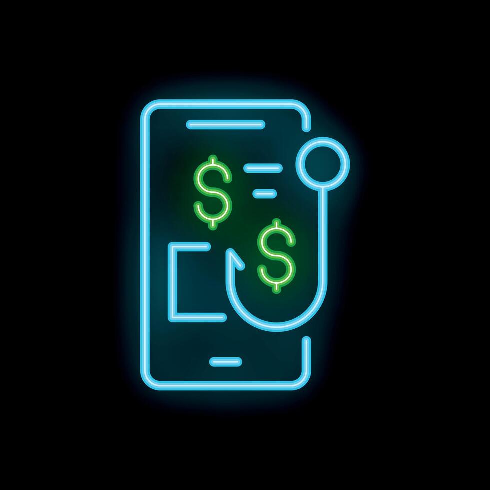 Neon icon of smartphone showing online scam attempting to steal money vector