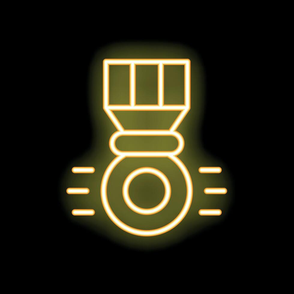 Yellow neon icon of a medal glowing on a black wall vector