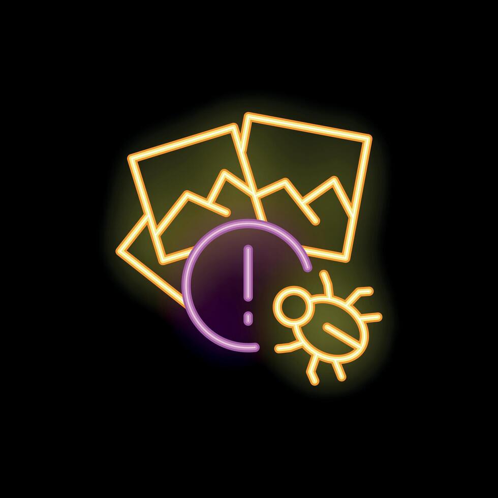 Neon icon of bug infecting image files with exclamation point vector
