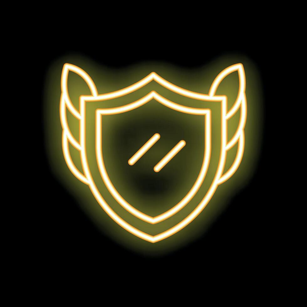Neon shield with wings glowing on black background vector
