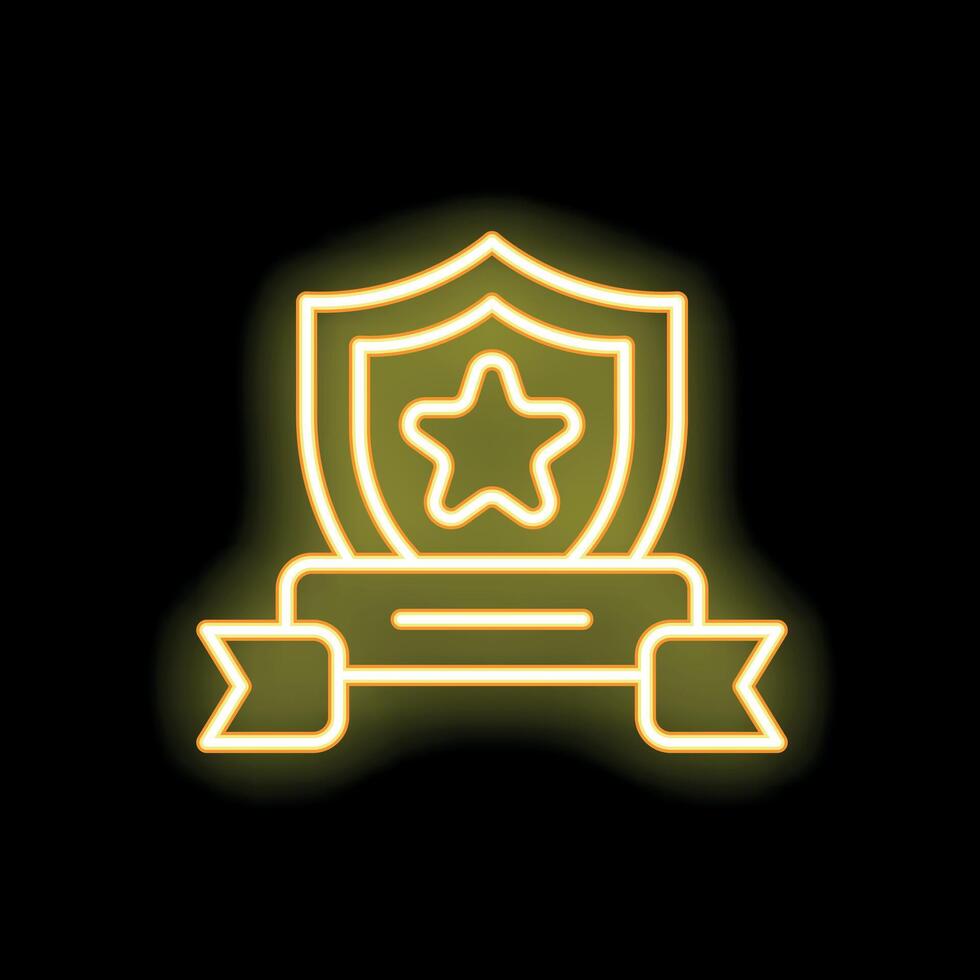 Neon yellow shield with star and ribbon glowing on black background vector