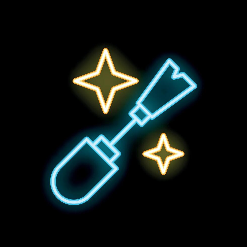 Blue neon sign of mascara wand surrounded by sparkles on black background vector