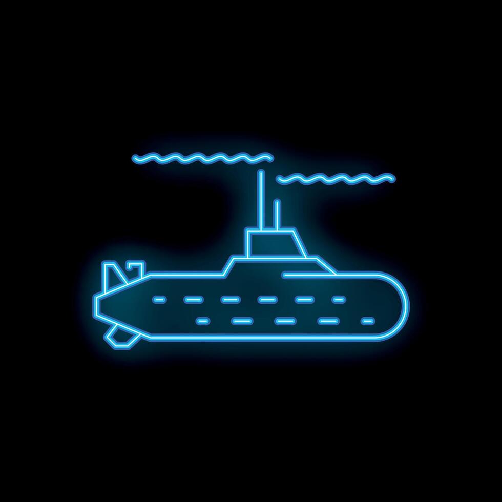 Blue neon submarine emitting smoke while sailing on water surface at night vector