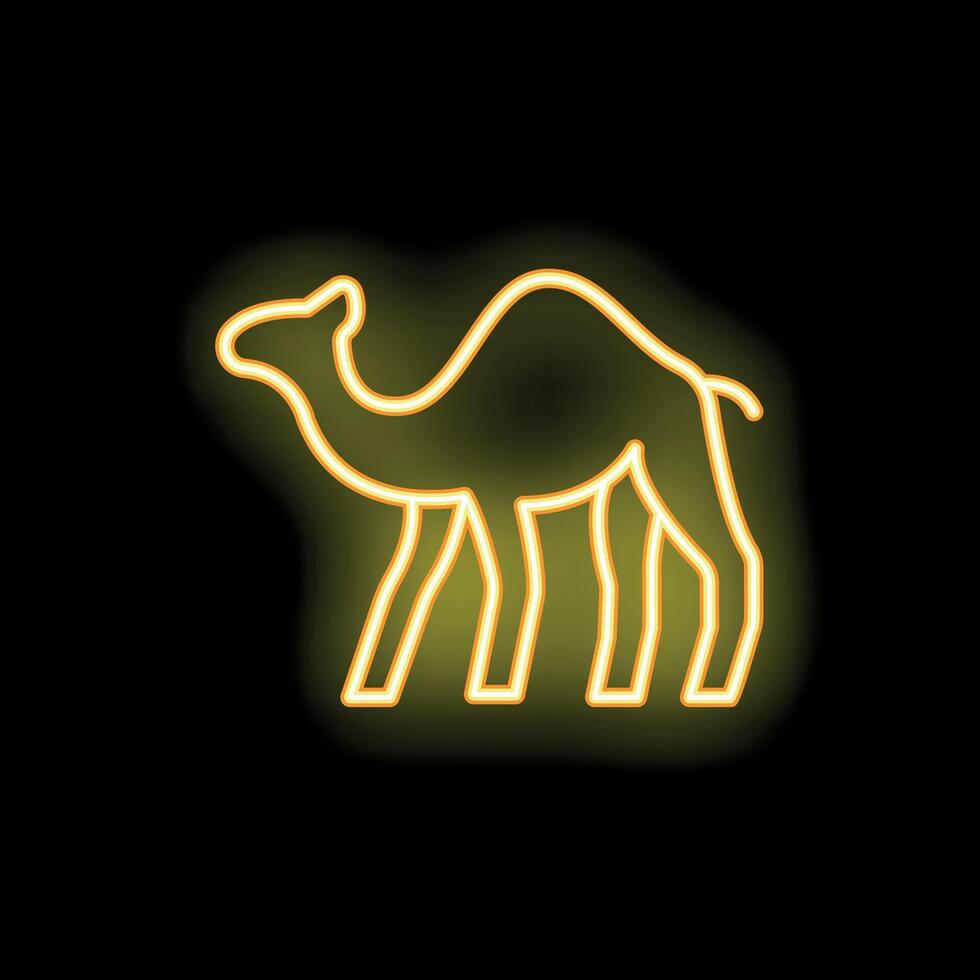 Yellow neon sign showing a camel standing on black background vector