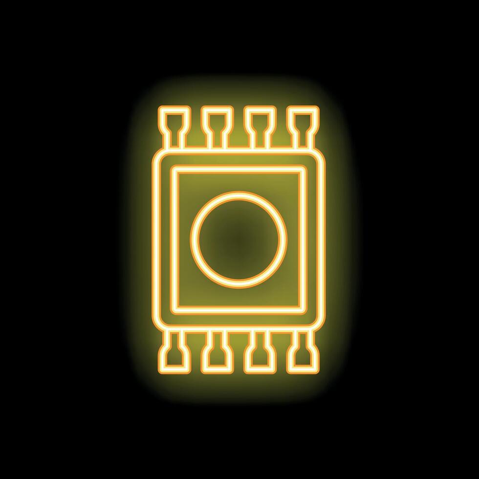 Neon yellow cpu microchip glowing on black background vector