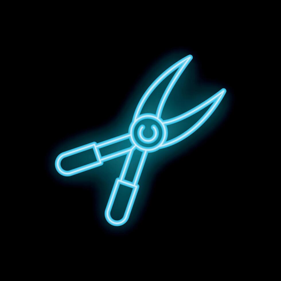 Neon secateurs icon, gardening tool with glowing blue contour on black background vector