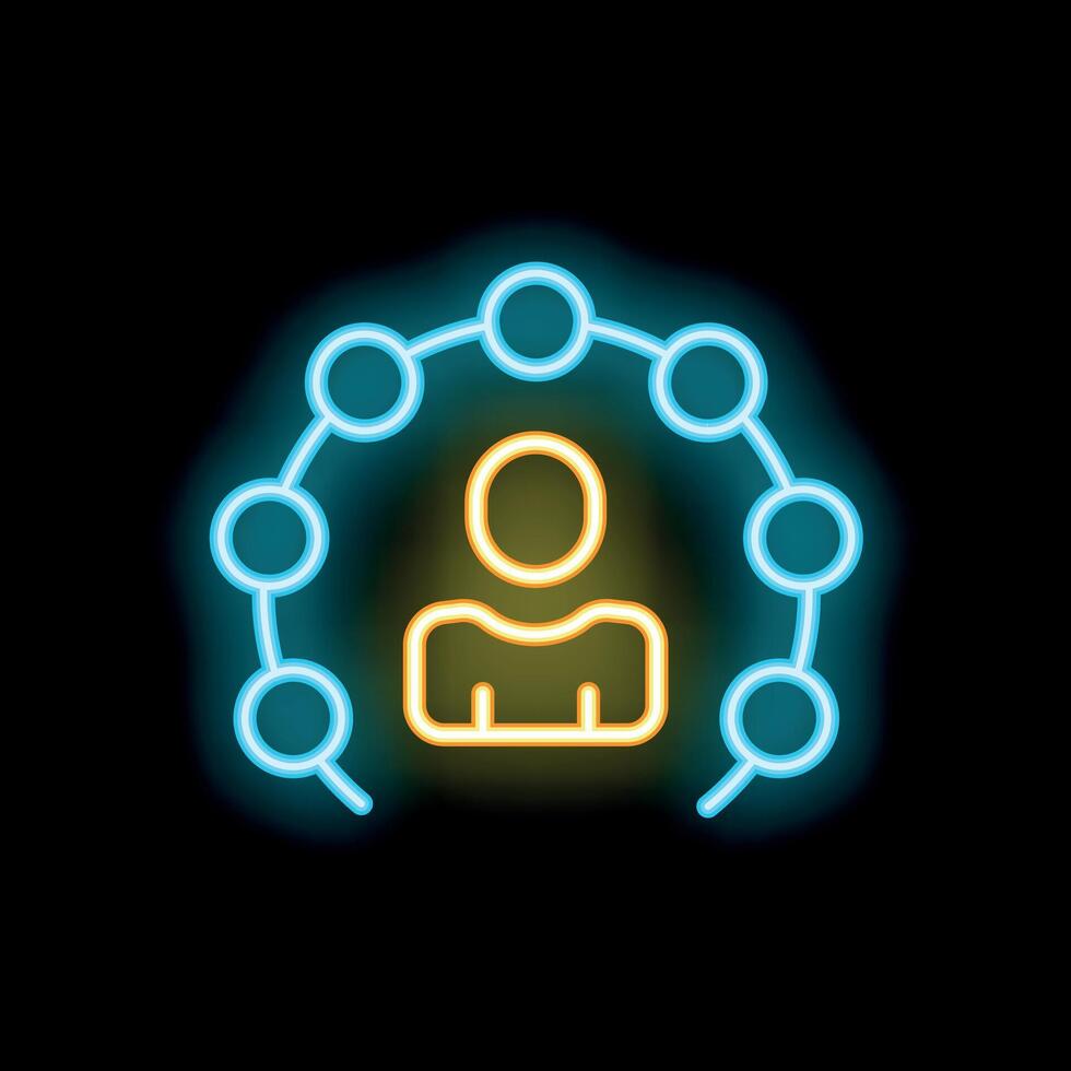 Neon icon of a person surrounded by a network representing social media connections vector