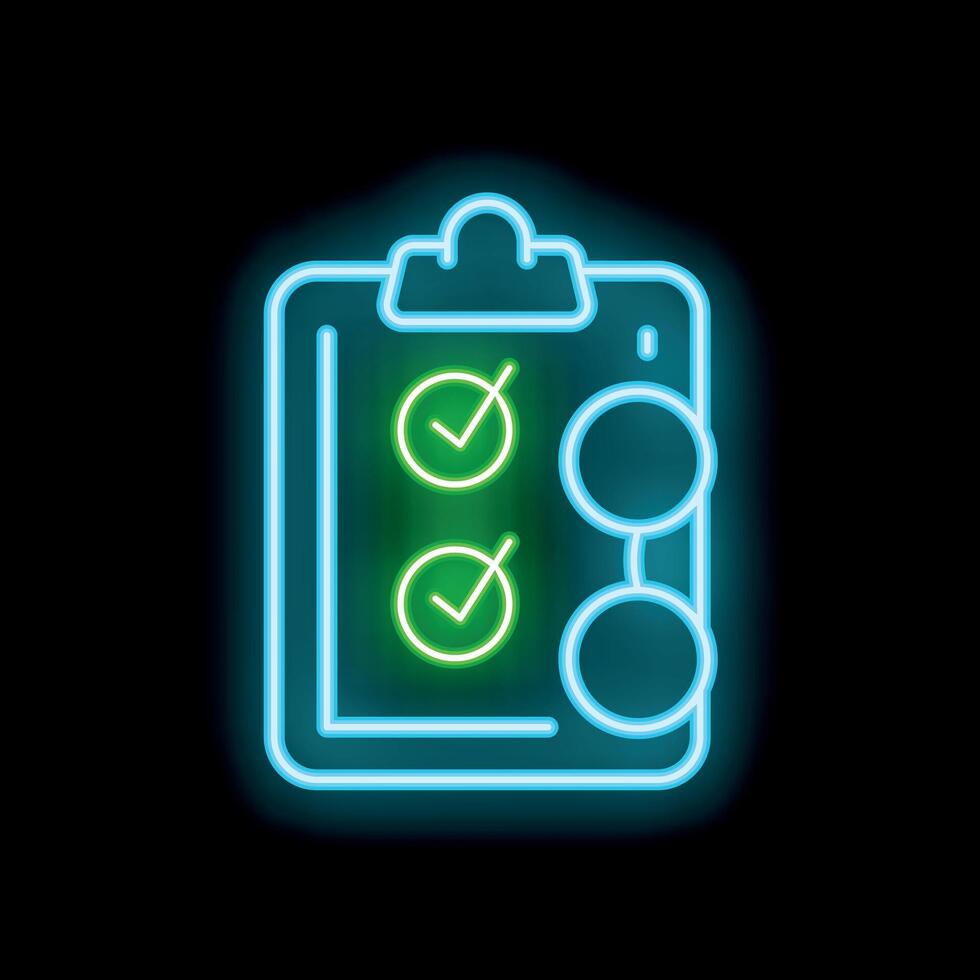 Neon icon of clipboard with checklist and eyeglasses representing eye exam vector