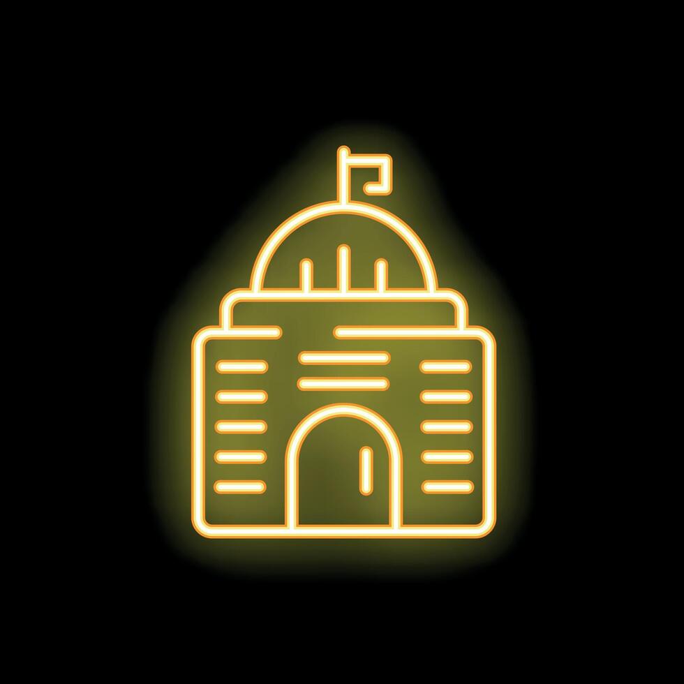 Yellow neon sign of a government building with a flag on top vector