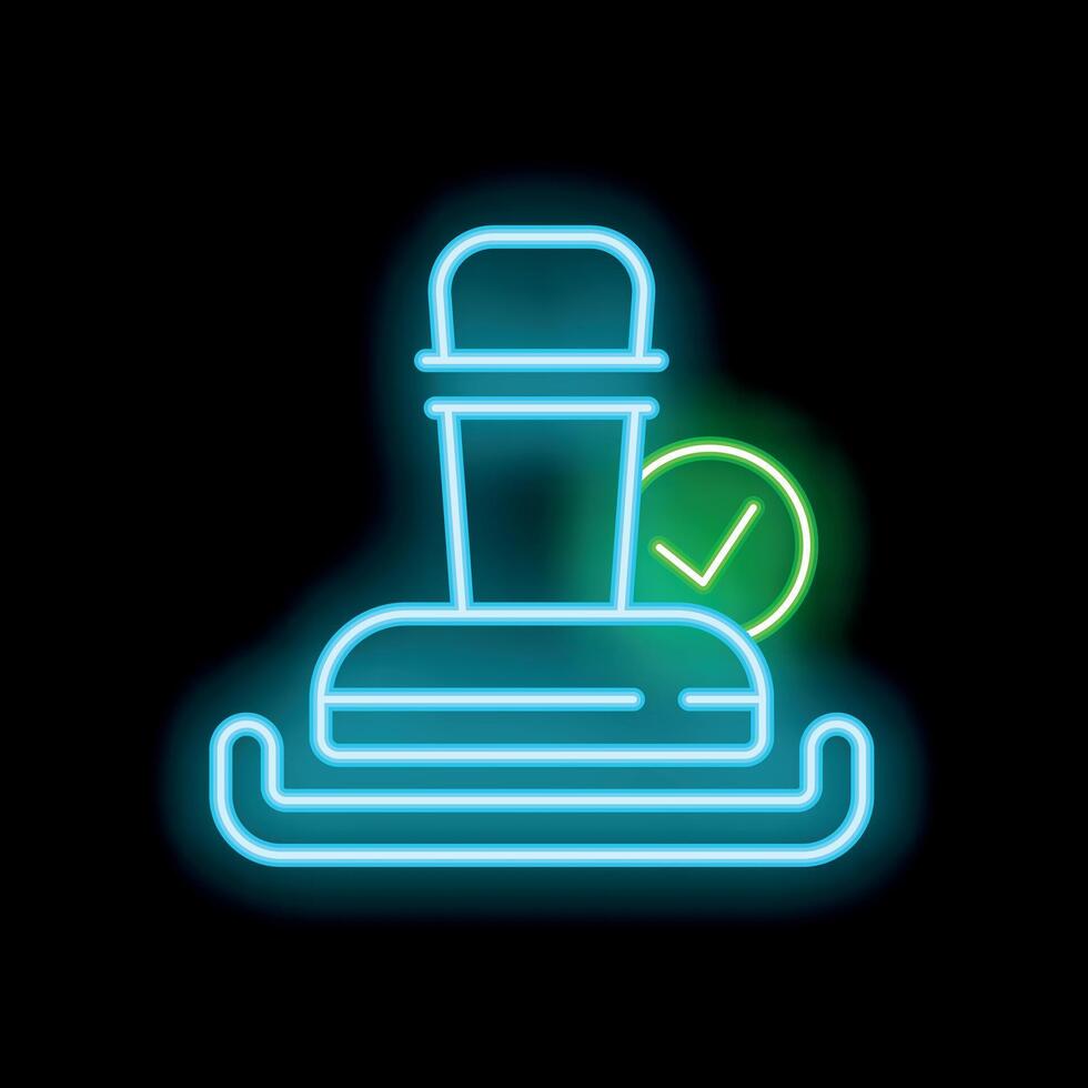 Glowing neon line stamp icon isolated on black background with green check mark representing approval or certification vector