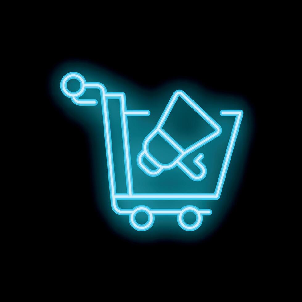 Neon shopping cart icon with megaphone symbolizing marketing and advertising vector