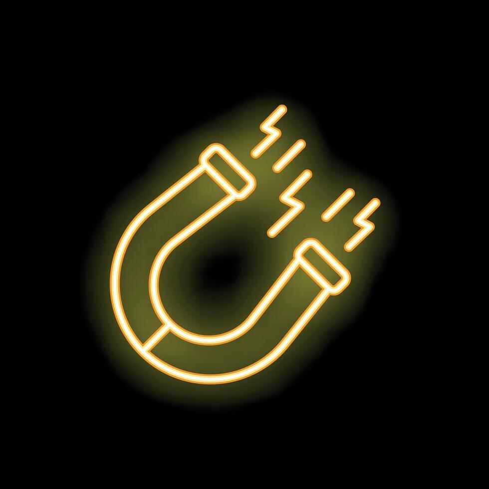 Yellow neon icon of horseshoe magnet generating magnetic field on black background vector