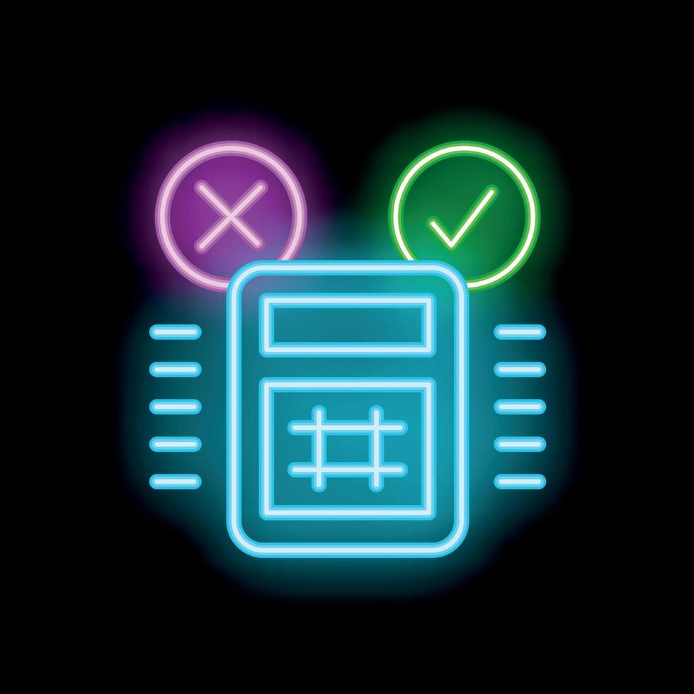 Neon calculator icon showing right and wrong answers vector
