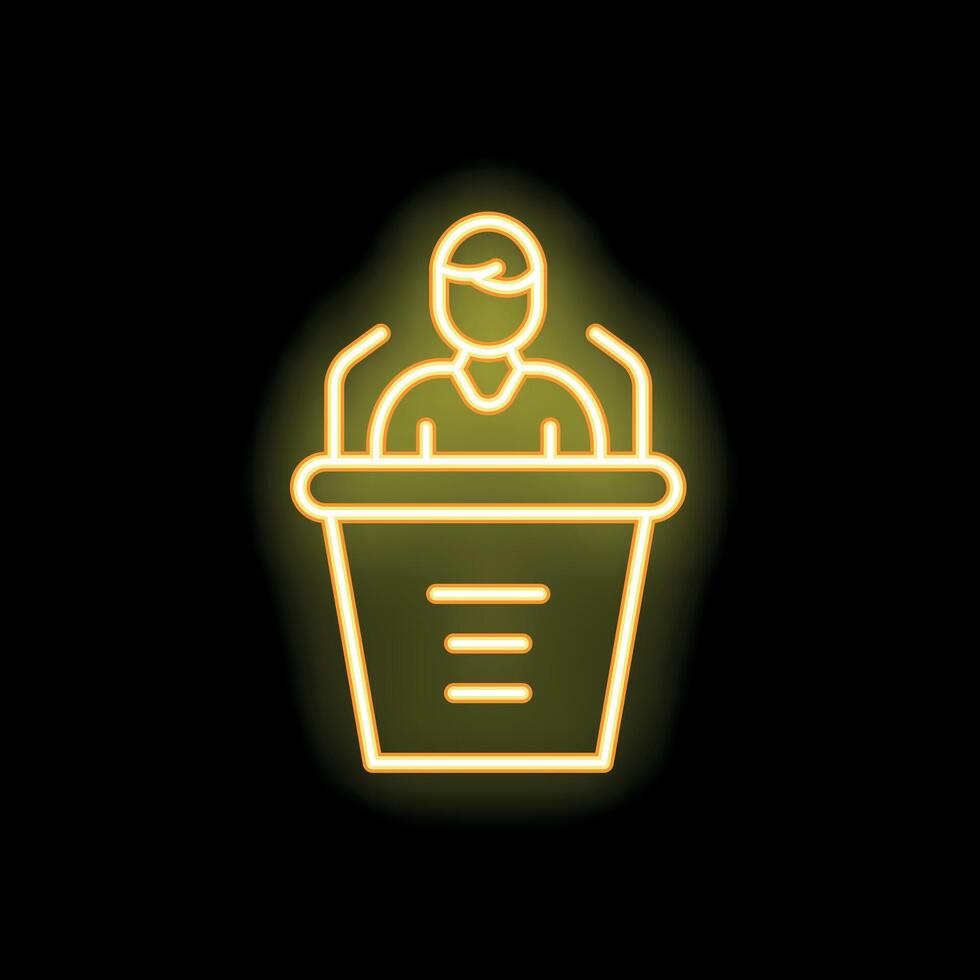Businessman speaking at tribune neon sign on black background vector
